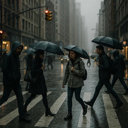 A group of people walking in the rain on a rainy day.