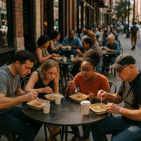 Group of friends eating pizza in a street cafe on a summer day