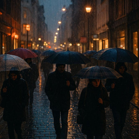 people with umbrellas in the rain on the street at night