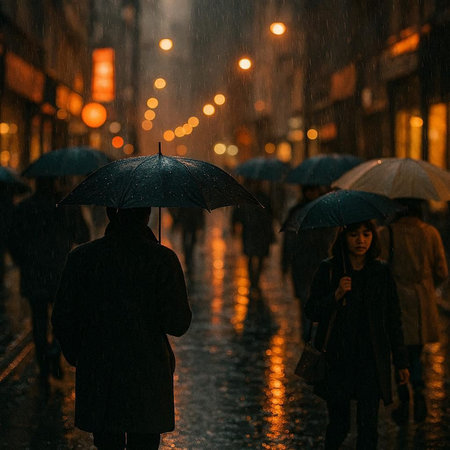 people with umbrellas walking on a rainy street in the rain