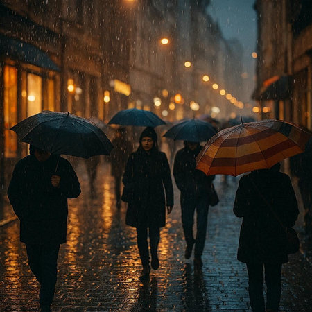 A group of people walking through the rain on a rainy day.