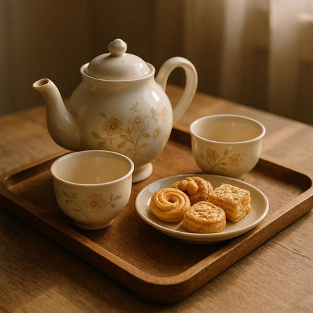 Cup of tea, teapot and cookies on a wooden tray