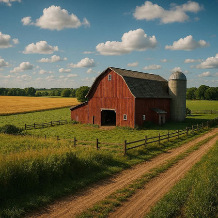 A red barn by a dirt road in the middle of a field.
