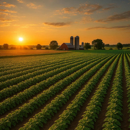Sunset over a tobacco field with silos in the background