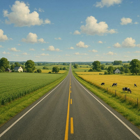 Country road in the countryside with green field and blue sky background.