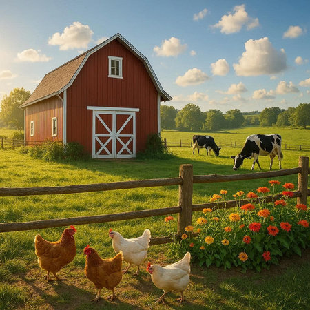 Cows and hens in front of a red barn on a farm