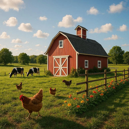Red barn with rooster and hens on a green meadow