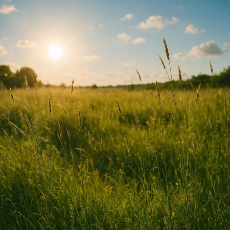 Sunset over a meadow with ears of grass in the foreground
