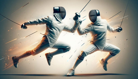 Two young female fencers fighting with each other in abstract background concept