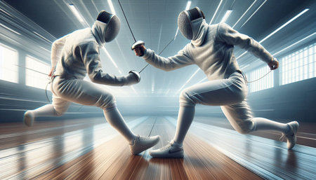 Two young men wearing fencing suits fighting with swords in an empty room