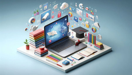 Online education concept with laptop, books, mortarboard and mobile phone