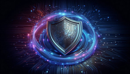 Cyber security concept with shield on circuit board background 3D rendering
