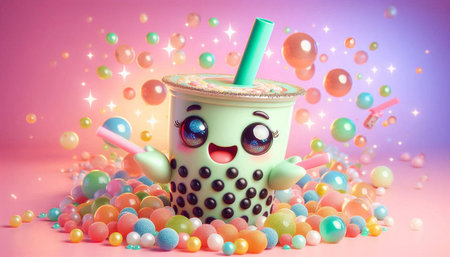 Funny cup of milkshake and colorful candies on pink background
