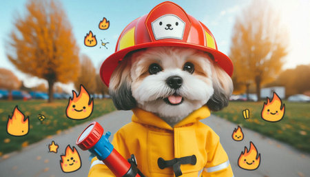 Cute puppy in firefighter costume with fire extinguisher on blurred background