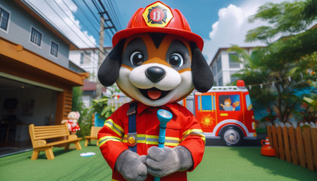 A dog dressed as a fireman in front of a fire truck