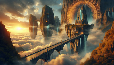 Fantasy landscape with a bridge in the middle of the fog.