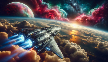 Spaceship in outer space. 3D rendering. Elements of this image furnished by NASA