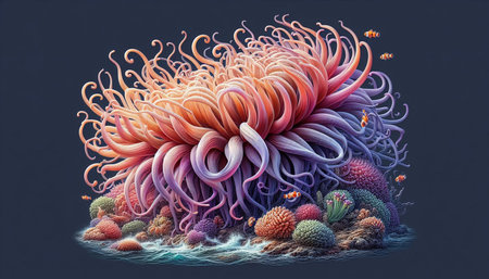 3D illustration of an abstract coral reef in the ocean. Colorful coral reef.