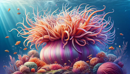 Sea anemone in the deep blue ocean. 3d illustration