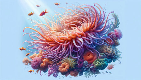 Underwater world. 3D illustration of anemone and fish