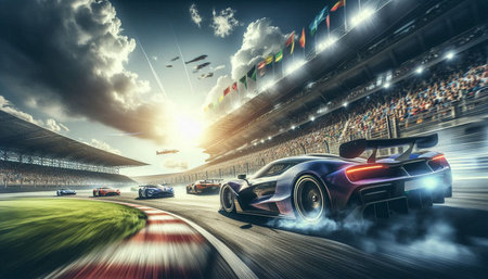Race car on the track in the stadium. 3d rendering.