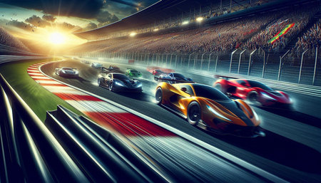Sports cars racing on the track at sunset. 3D rendering.