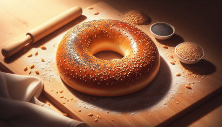 Bagel with sesame seeds on a cutting board with rolling pin