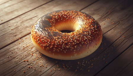 Freshly baked bagel with sesame seeds on a wooden background