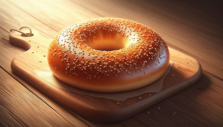 Bagel with sesame seeds on a wooden cutting board.