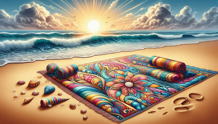 Yoga mat on the beach at sunset. 3D illustration.