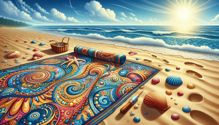 Illustration of a beach towel on the sand with seashells