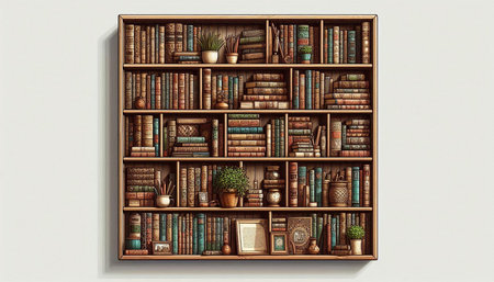 Wooden bookshelf with books and plants, 3d illustration