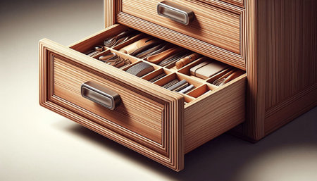 Wooden drawer with cutlery in it. 3d illustration
