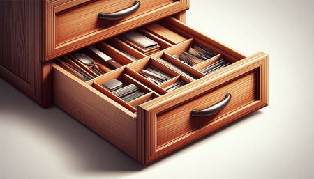 Open drawer with cutlery in it. 3D illustration.