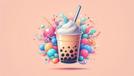 Vector illustration of bubble tea with milk in glass and colorful balloons.