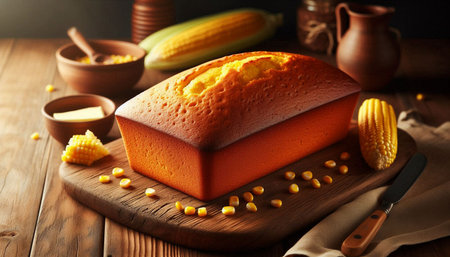 Piece of sweet corn bread on wooden board, food closeup