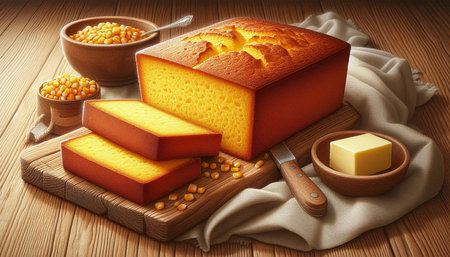 Corn cake with butter on a wooden background. 3d illustration.
