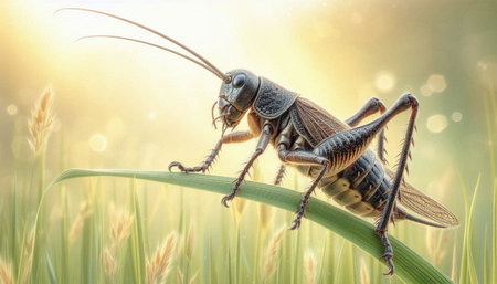 Grasshopper on a blade of grass in the morning.