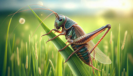 Grasshopper on a blade of grass in the morning.