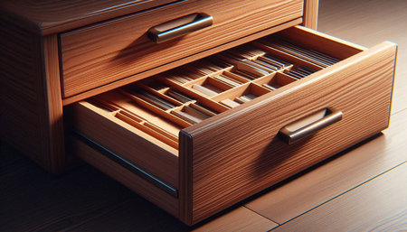 Wooden filing cabinet with drawers, close-up shot.