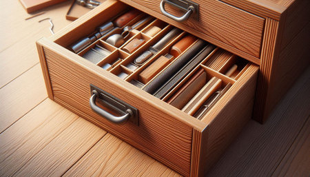 Wooden drawers with tools on wooden table, closeup view