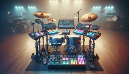 Drum kit on a stage in a nightclub. 3d rendering