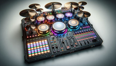 DJ mixer with colorful lights on white background. 3D illustration.