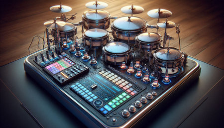 Dj mixer and drum kit on wooden floor. 3d illustration