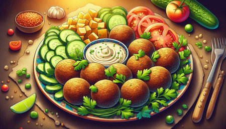 Vegetable salad with hummus in plate, 3d illustration