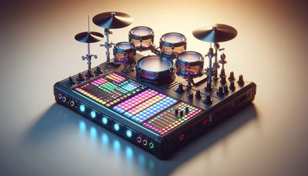 Dj mixer with drum kit on white background. Studio shot.