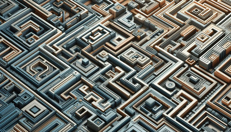 3d illustration of abstract geometric composition, square maze background, modern design