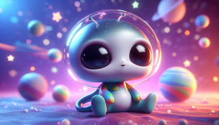 alien in space with planets and stars. 3d illustration of alien