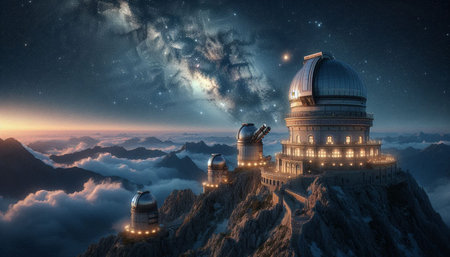 Astronomical Observatory in the mountains. 3D rendering. Elements of this image furnished by NASA
