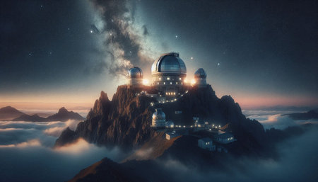 Astronomical observatory on the top of a mountain. 3D rendering